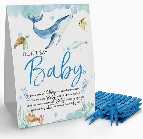 Don't Say Baby Clothespin Game Sign (1 Sign + 50 Mini Clothespins), It's a Boy Blue Ocean Baby Shower Game, Baby Shower Decoration Set ﻿, 11 image 4