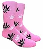 COUVER Unisex Weed Leaf Printed Marijuana Comfort Cushioned Athletic Crew Socks (Light Pink/Black/White)