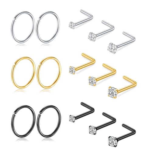 Titanium Nose Rings Hoops Studs 20G 15PCS L Shaped Screw Bone 1.5mm 2mm 2.5mm Cubic Zirconia Small Silver Black Gold Hypoallergenic Piercing Jewelry for Women Men