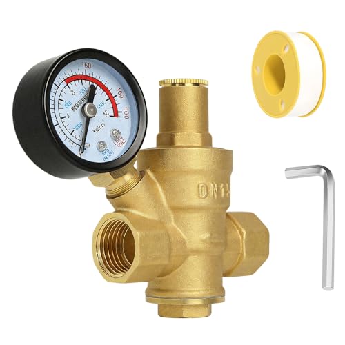 Riisoyu Druckminderer Wasser 1/2 Zoll DN15 mit Manometer, Wasserdruckminderer mit Manometer Hergestellt aus 100% Hohe Härte Messing mit Einstellwerkzeugen Messing Wasserdruckminderer