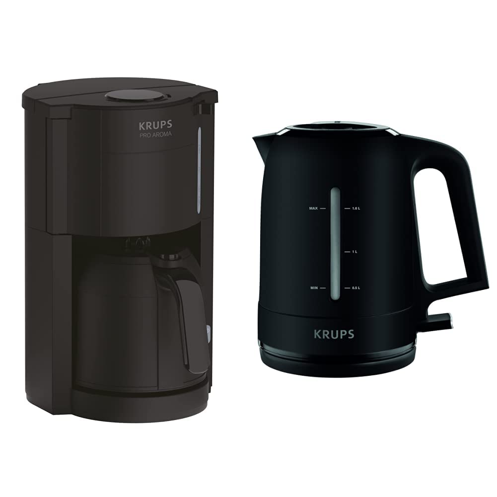 Krups Pro Aroma KM3038 | Filterkaffeemaschine 1 Liter | Fassungsvermögen mit Thermokanne | 800 Watt |schwarz & BW2448 Wasserkocher Pro Aroma | 1,6 L Fassungsvermögen | 2.400 W