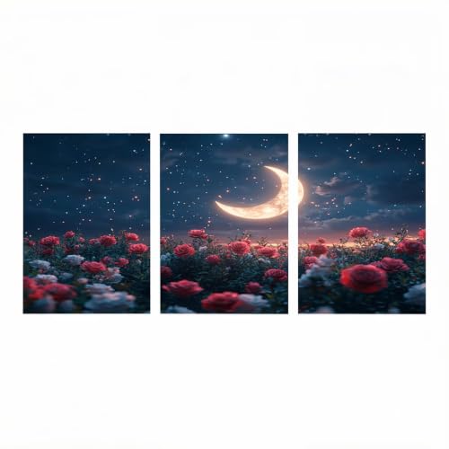 Cadeau Femme Diamond Painting original | Grand Triptyque Floral et Lunaire