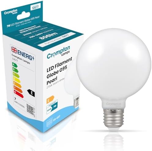 Crompton Lamps LED Globe 7W E27 Bulb | 95mm Large Light Bulb | 60W Equivalent | Dimmable LED Lightbulb | 2700K Warm White | Frosted Opaque Milky Opal Lightbulbs | Low Glare Globe Lights