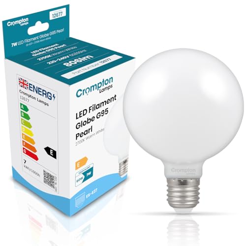 Image of Crompton Lamps LED Globe 7W E27 Bulb | 95mm Large Light Bulb | 60W Equivalent | Dimmable LED Lightbulb | 2700K Warm White | Frosted Opaque Milky Opal Lightbulbs | Low Glare Globe Lights