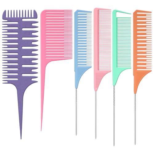 Patelai 6 Pcs Highlighting Comb Set Weaving Hair Dyeing Comb Weaving Sectioning Foiling Rat Tail Styling for Highlights Foiling Balayage Hair Coloring Men Women(Multicolor Style)