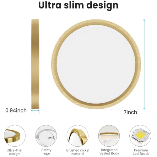 Image of libtit 7 Inch Golden Flush Mount Ceiling Light, 15W Aureate Ceiling Light Fixture, 3000K /4000K /6500K Color Selectable, Gilded Round Ceiling Lighting for Bedroom Kitchen Pantry
