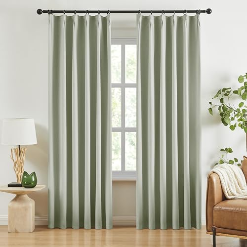 Jubilantex Full Blackout Linen Curtains Pinch Pleated 90 Inches Long Farmhouse Green Faux Linen Curtains Thermal Insulated Window Treatments Set with Hooks for Bedroom Living Room,Green 2 Panels by Jubilantex - Used condition - US$31.47