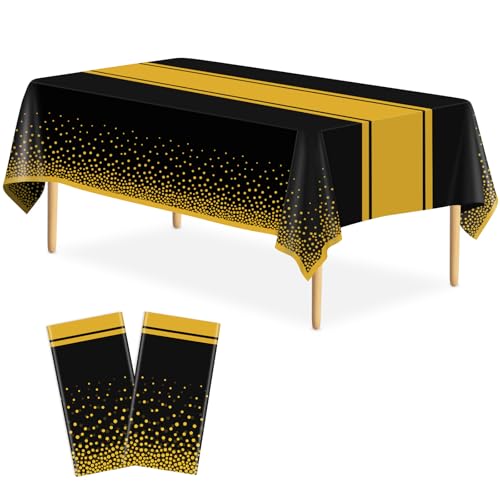 Image of 2 Pack Black and Gold Tablecloth Party Decorations Plastic Black Tablecloth Printed Gold Table Runner 54 x108 Inch Disposable Rectangle Table Cover for Birthday Wedding Graduation Anniversary