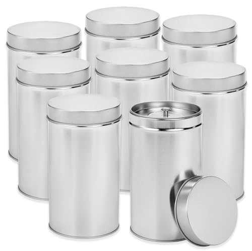 Yesland 8 Pack Tea Tin Canister with Airtight Double Lids, 32 Fluid oz Tea Storage Organizer Tin Can Box Round Loose Leaf Tea Kitchen Canisters for Coffee, Candy, Herbs and Spices(Silver)
