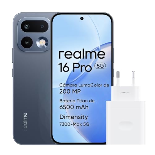 realme 16 Pro 5G Smartphone, 8GB+256GB, Pantalla AMOLED 144Hz 6,78", Batería 6500mAh, Cámara 200MP OIS, IP69K, Carga Rápida 45W, Dual SIM, Next AI, Gris (con Adaptador)
