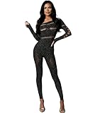 SONHWIL Women's Sexy Transparent Mesh Hollow Rhinestone Jumpsuit Fashion Club Style High Stretch Jumpsuit (off-the-shoulder, black)