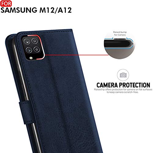 Image of TheGiftKart Flip Case Back Cover for Samsung Galaxy M12 / F12 / A12 (Genuine Leather Finish | Inside Pockets & Inbuilt Stand | Wallet Style Back Cover Case | Designer Button Magnet | Blue)