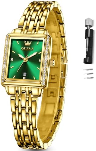 OLEVS Green Dial Watches For Women,Elegant Luxury Ladies Watches Gold Stainless Steel Small Wrist Watch For Women's With Date Square Diamond Waterproof Analog Watch Women Easy To Read Reloj Para Mujer