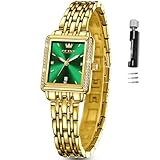 OLEVS Green Dial Watches For Women,Elegant Luxury Ladies Watches Gold Stainless Steel Small Wrist Watch For Women's With Date Square Diamond Waterproof Analog Watch Women Easy To Read Reloj Para Mujer