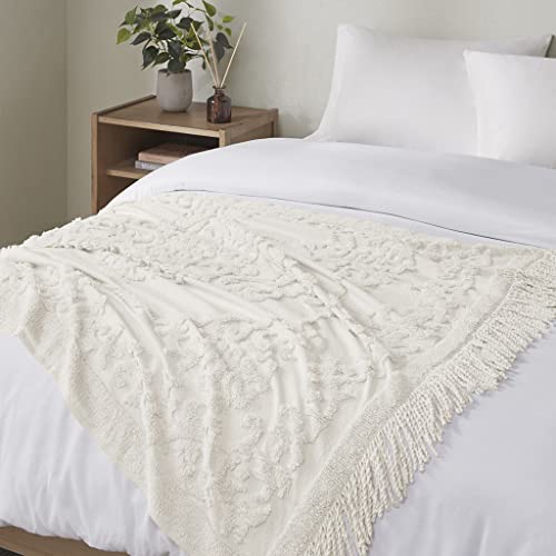 Madison Park 100% Cotton Tufted Chenille Design With Fringe Tassel Luxury Elegant Chic Lightweight, Breathable Cover, Luxe Cottage Room Décor Summer Blanket, 50" X 60", Ivory #TOP1