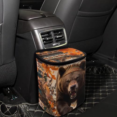 Image of Talayituse Tribal Bear Maple Print Car Trash Can Portable Auto Garbage Bin Multifunctional Vehicle Interior Accessories with Adjustable Straps Universal Fit Truck SUV Sedan Autumn Decor