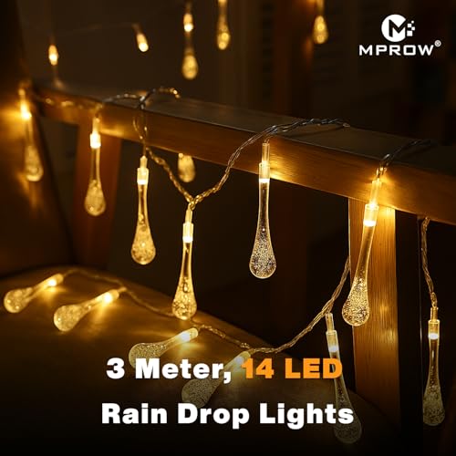 Image of MPROW Water Drop LED String Lights, 14 Warm White Fairy Lights, Plug-in Decorative Lights for Indoor Outdoor (Water Drop Warm White, 3m, 14)