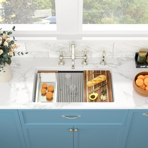 Sarlai Granite Composite Kitchen Sink - 32 x 19 Inch Granite Undermount Kitchen Sink Ledge Workstation 32 Inch Under-Mount White Quartz Classic Single Bowl Sinks Under Counter Basin With Accessories by Sarlai - Used condition - Image 3