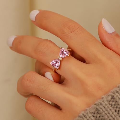 Pink Bow Rings for Women 925 Sterling Silver 14K Gold Plated Cute Dainty Cubic Zirconia Promise Rings for Her Open Adjustable Stackable Rings Jewelry Birthday Christmas Gifts4