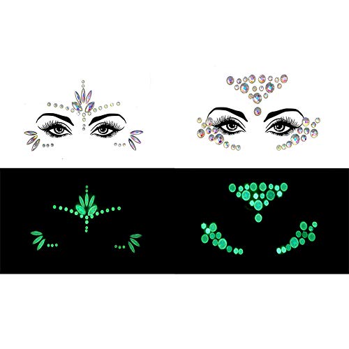 2 Sets Luminous Face Gems Temporary Tattoo Body Jewelry for Halloween Festival Party