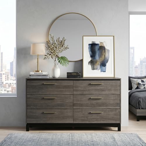 Star20XX 6 Drawer Dresser, Chest of Drawers, Antique Grey Wood Finish, 59 Inch Wide Bedroom Storage Cabinet with Metal Glides, Stops, Brushed Metal Handles
