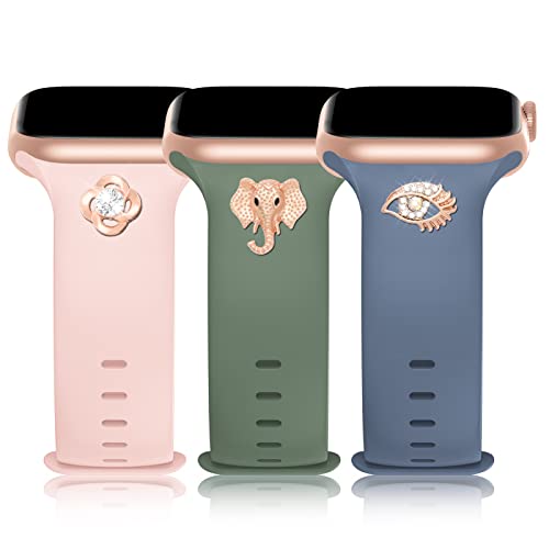 3 Pack Sport Band with DIY Charms Compatible with Apple Watch Bands 41mm 40mm 38mm, Designer Soft Silicone Wristbands Replacement Strap for iWatch Series SE 8 7 6 5 4 3 2 1 Utral for Women Men