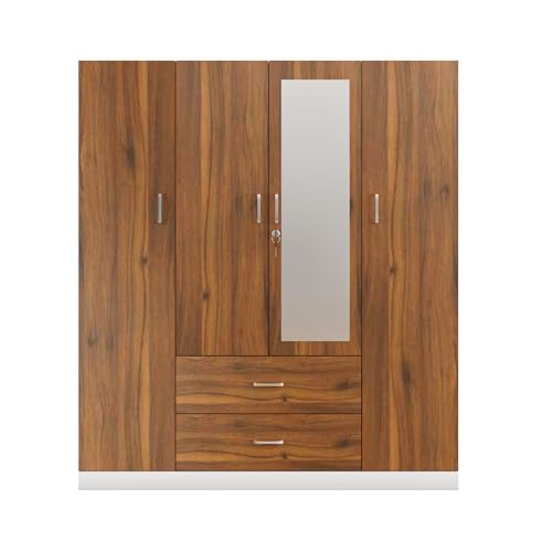 Image of VIKI Wardrobe | Wooden Almirah for Clothes,Door for Bedroom, 4 Door Wardrobe with Drawer, Mirror & Hanging Space (White & Walnut - 40D x 160W x 180H) | 1 Year Warranty | Free Assembly