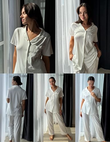 Image of Ekouaer Pajamas for Women Set Button Up Short Sleeve Pjs Sets With Pockets | Soft Womens Sleepwear,V Neck,Notch Collar,2 Piece Classic Loungewear With Long Pant for Sleep,Lounge,Fall