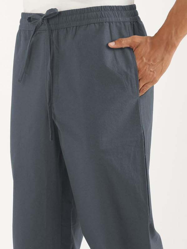 Image of SAADAA Men's 100% Cotton Pants | Mid-Rise Straight Fit Casual Trousers with Elastic Waistband and 3 Pockets | Everyday Wear
