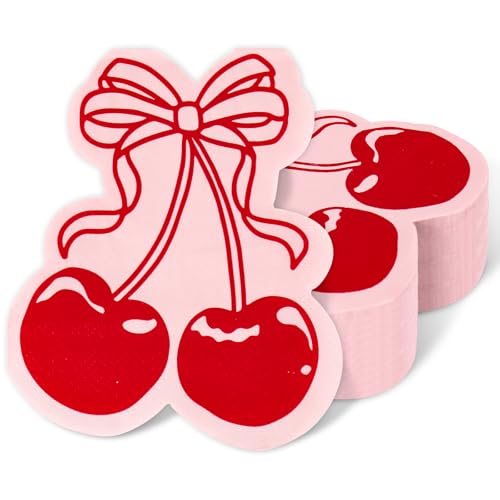 FYSUIMU 100Pcs Bow Cherry Napkins Cute Cherry Shape Disposable Napkins Red Pink Paper Luncheon Dinner Napkin for Birthday Wedding Baby Bridal Shower Table Supplies