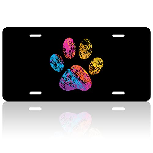 Colored Dog Paws License Plate Cover Animal License Plate Funny Pet For Car Decoration Vanity Tag Stainless Steel Fits Any Standard Us License Plate Holder 6.2" X12.2 Inch For Women Men Youth Gift #TOP7
