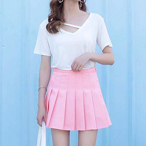 Girls Women High Waisted Pleated Skirt Plain Plaid A-Line Mini Skirt Skater Tennis School Uniform Skirts Lining Shorts Pink #TOP2