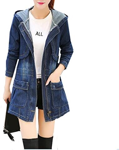 QINGYAUN Women's Long Hooded Denim Jackets Pockets Zipper Trech Coat