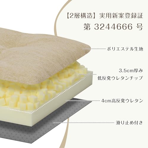 Shinnwa 長座布団 クッション 2層構造 特許取得済み 長方形 座布団 無地 フロアクッション 107x40x7.5cm 長い ベンチ用座布団 お尻が痛くならない シートクッション ソファパッド 滑り止め加工 ベージュ [2]