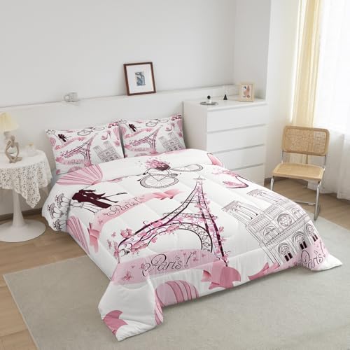 Image of Paris Eiffel Tower Bedding Set for Girls Kids Couple Lover Romantic French Comforter Trip Design Comforter Set Pink White Room Decor Famous Cityscape Duvet Set Twin Size Bedspreads Coverlet Sets Boys