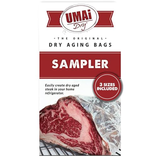 UMAi Dry Aging Bag for Steaks - Sampler Pack of 9 I Dry Age Bags for Meat Cuts Incl. Ribeye, Striploin, Boneless Roast, Brisket & Bone-In, NO Vacuum Sealer Required, Tender Aged Beef in 28-45 Days