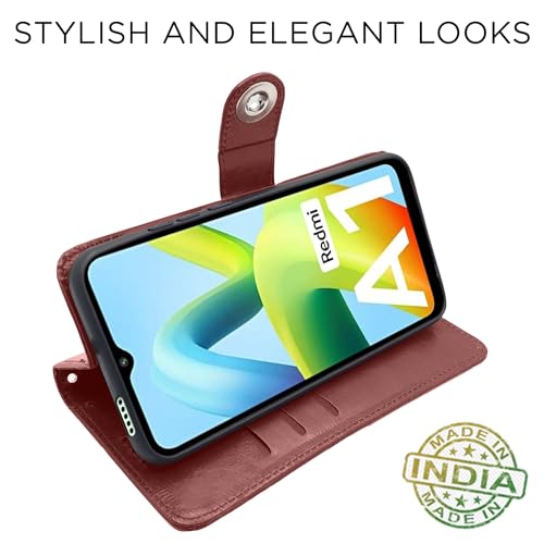 Image of Pikkme Redmi A1 | Redmi A2 Flip Cover Leather Finish | Inside TPU with Card Pockets | Wallet Stand and Shock Proof | Complete Protection Button Flip Case (Brown)
