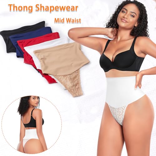 Image of Werena Tummy Control Thong Shapewear for Women Mid High Waisted Body Shaper Underwear Lace Shaping Thong Girdle Panties