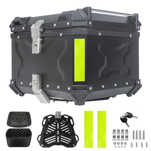 YJYAJIE BAÚL Moto 55L Universal de Aluminio con Respaldo – Impermeable IP68, Cofre Trasero Antirrobo, Incl. Placa de Montaje para la mayoría de Motos & Scooter