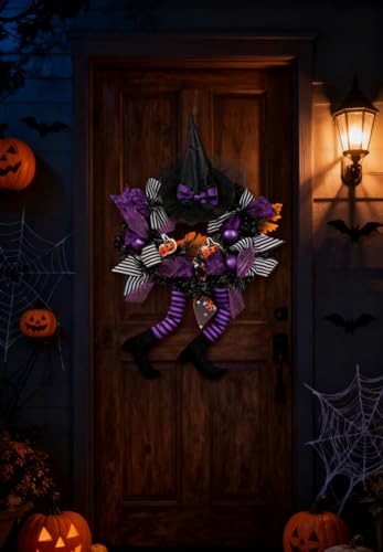 wlflash Happy Halloween Wreath for Front Door Decoration with Skeleton Artificial Bone Orange Ornaments Maple Leaf for Party Decor (Halloween Purple) - image 5