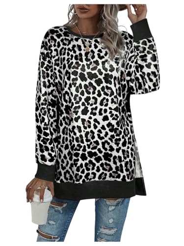 Milumia Women's Leopard Print Sweatshirt Long Sleeve Side Slit Pullover