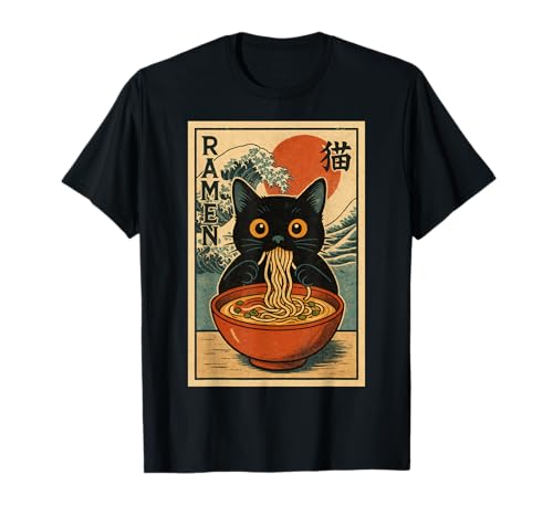 Funny Graphic Vintage Cat Ramen Japanese Ukiyo-e Woodblock T-Shirt