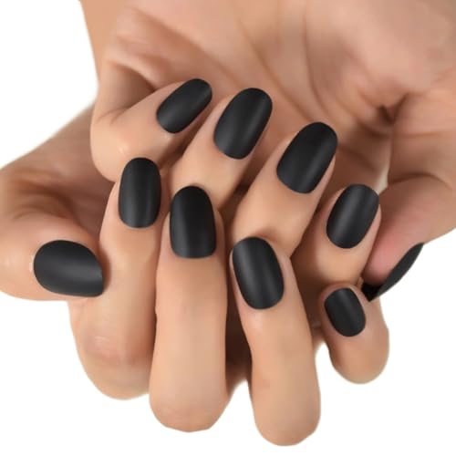 UñAs Postizas Uñas postizas de color negro mate for uso diario, longitud corta, ovaladas, cuadradas