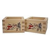 TOKYO ART Japanese Wooden Sake Masu Cups (Set of 2) with Japanese Lucky Artwork, Square Sake Boxes - Crafted from Japanese high-grade cypress wood, Made in Japan (Red Koi fish)