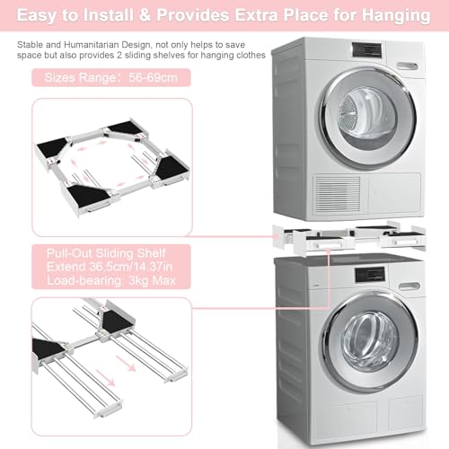 NIUXX Zwischenbaurahmen, verbindungsrahmen waschmaschine trockner universal, Verbindungsrahmen-Zwischenbausatz mit 6 ausziehbaren Rohren, Einstellbare Größe（Breite: 56-69cm）