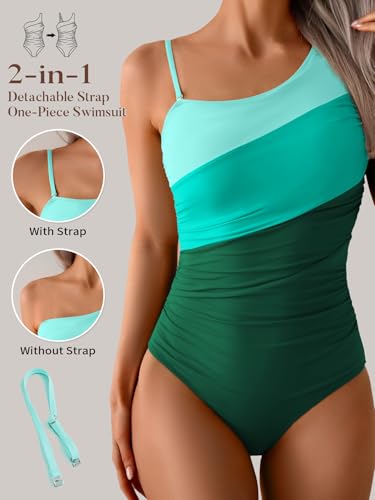 Image of Aidonger One Shoulder One Piece Swimsuit for Women Tummy Control Bathing Suits Color Block Ruched Swim Suit Slimming Swimwear