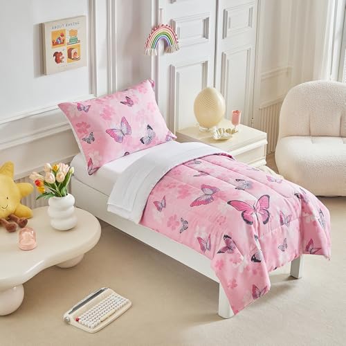 Image of Butterfly Toddler Bedding Set for Girls Pink Colorful Butterfly 4PC Toddler Bed Set - Soft Pink Flowers Cute Princess Toddler Bed in a Bag with White Sheet Set and Pillow Shams