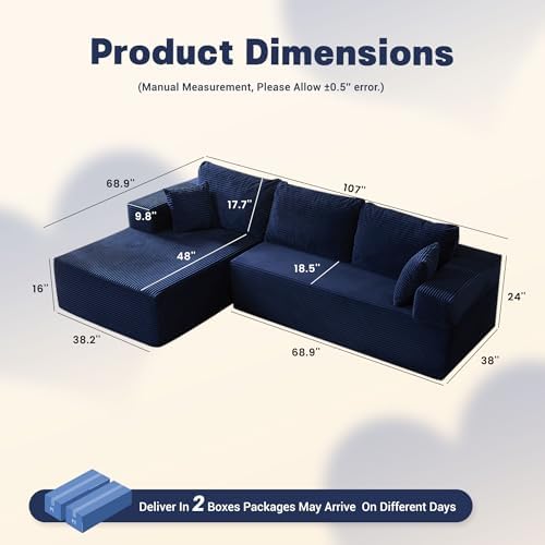 EJC 107 Inches Boneless Couch, Sofa Bed Couch for Living Room with Memory Foam, L Shaped-Left, Corduroy, Blue - 1