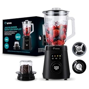 ARIVA Standmixer 1000W mit 1, 5L Glasbehälter & Kaffeemühle, Smoothie Maker & Ice Crusher mit LED-Touch-Display, 6 Edelstahlklingen, Auto-Clean, Mixer für Shakes & Suppen, Schwarz