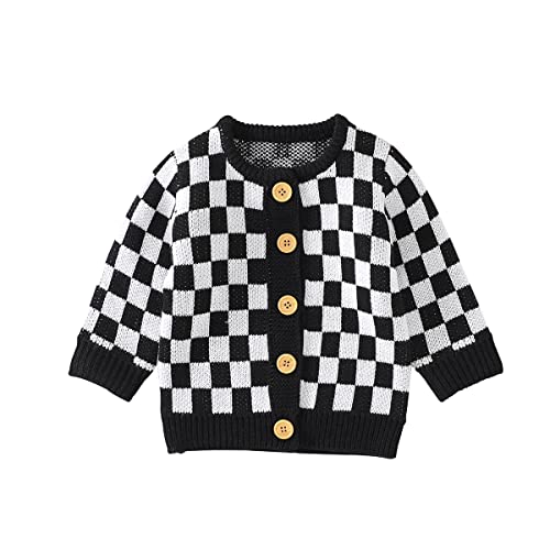 Toddler Baby Girl Boy Cardigan Knit Sweater Long Sleeve Crewneck Button Up Checkerboard Knitwear Fall Winter Clothes (Black Crewneck, 3-6 Months) #TOP11